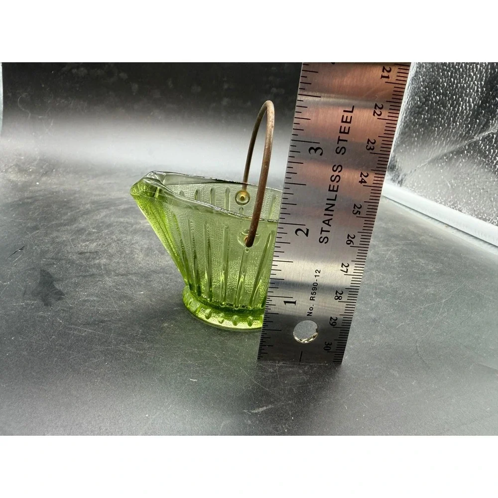Vintage Green Glass Coal Scuttle Bucket Miniature Toothpick Holder Ribbed Design
